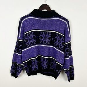 Vintage Croquet Club Black and Purple Snowflake Mockneck Sweater Size Medium